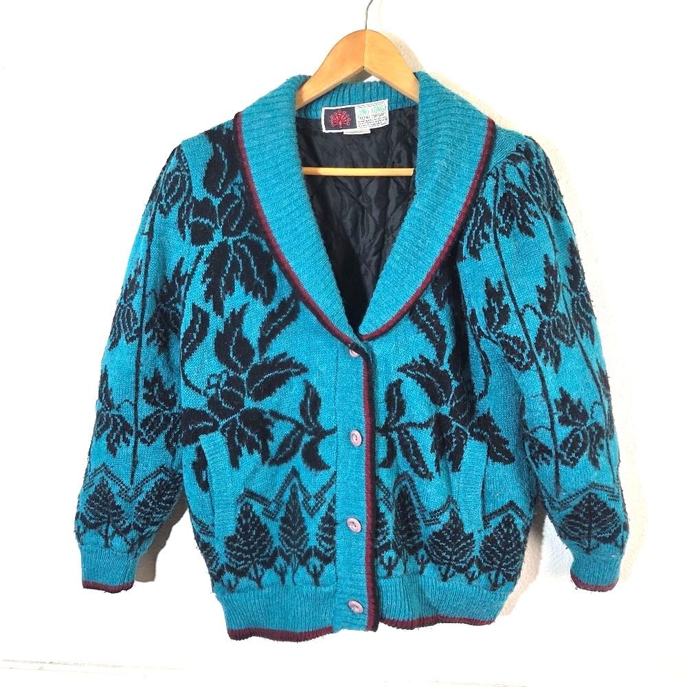 Vintage LUNG KONG Knit Cardigan Sweater Teal Black Floral Lined Button Up SM